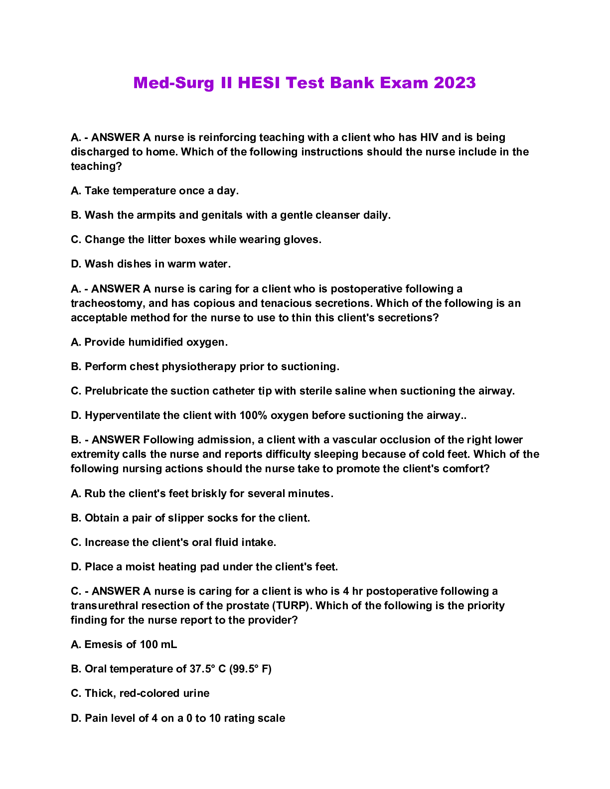 Preview image for Med-Surg II HESI Test Bank Exam 2023